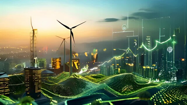 Sustainable Urban Landscape with Wind Turbines and Digital Growth Elements - Powered by Adobe