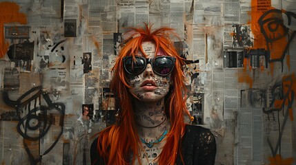 A young woman with red hair and sunglasses stands in front of a wall covered in newspaper clippings and graffiti.