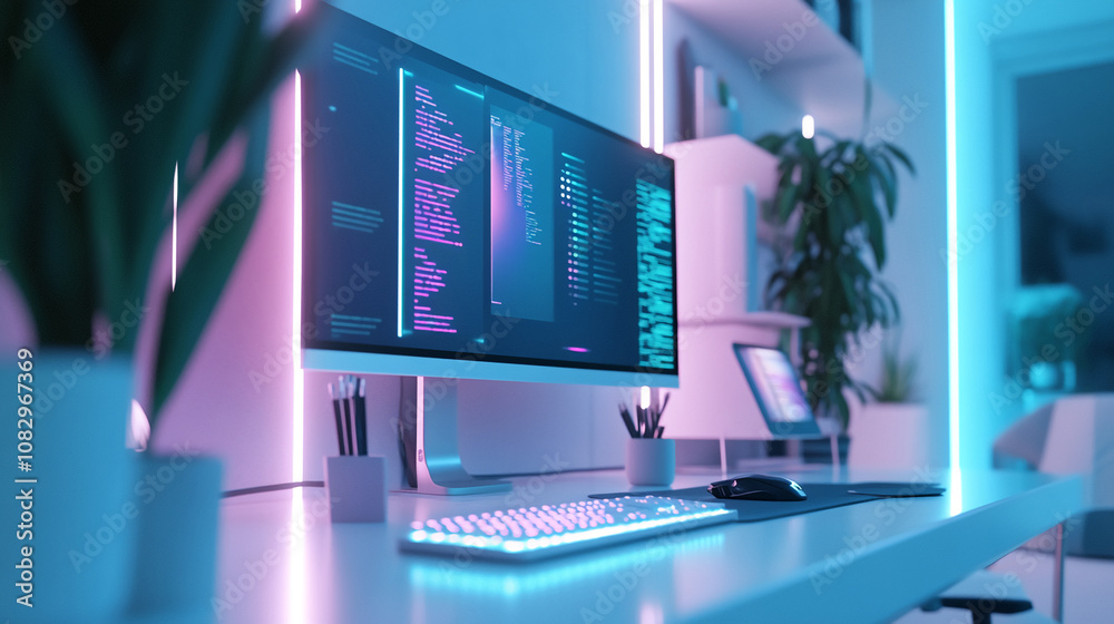 Leinwandbilder A clean, minimalist desk bathed in neon light features a desktop computer actively displaying code, indicating a programmer's work session