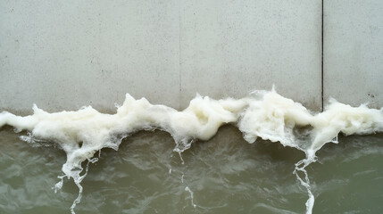 Foamy water splashing against a concrete surface, with visible texture in the foam and a greenish hue in the water, creating an abstract pattern dynamic.