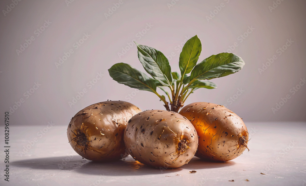 Poster three potatoes are on a table with a leaf on top