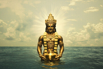 majestic Lord Dhanvantari rising from ethereal ocean waters, golden amrit vessel glowing