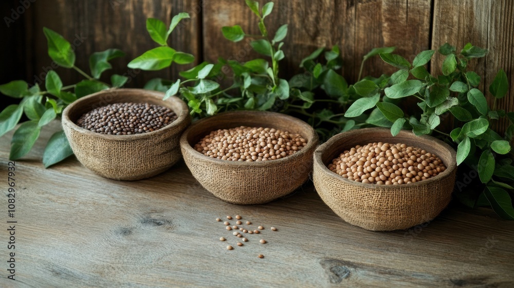 Aufkleber Bowls and sacks filled with lentils, beans, and chickpeas are artistically displayed on a rustic wooden table with greenery around. Generative AI