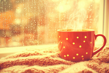 Steaming Mug of Tea by Raindrop-Covered Window