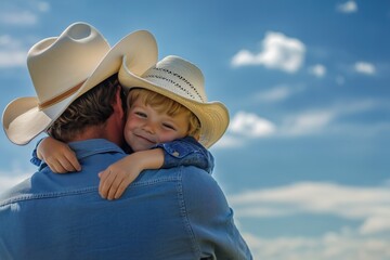 boy in hat hugs dad