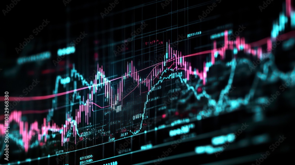 Aufkleber Widescreen abstract financial chart with uptrend line graph and candlestick on black and white colour background. Business stock or financial charts backgrounds.