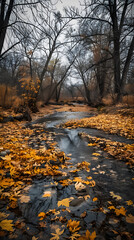 Serene Autumn Landscape with Golden Leaves and Gentle Stream Reflecting Late November Atmosphere