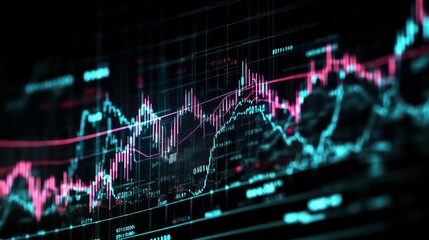 Widescreen abstract financial chart with uptrend line graph and candlestick on black and white colour background. Business stock or financial charts backgrounds.