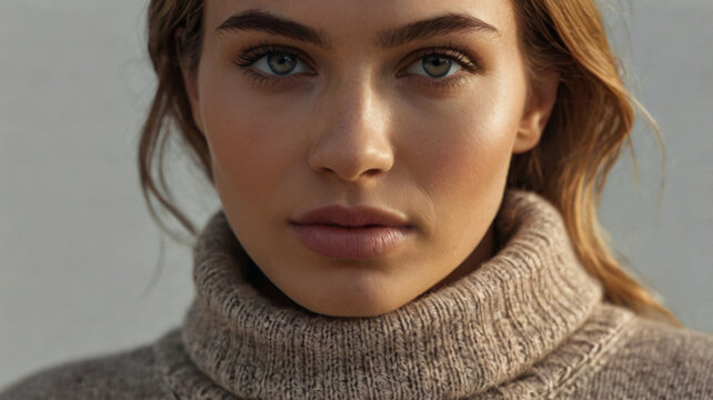 Atractiva mujer joven vistiendo un acogedor su&eacute;ter c&aacute;lido de cuello alto de cachemira
