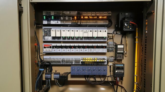 An electrical panel with multiple circuit breakers, switches, and other electrical components.