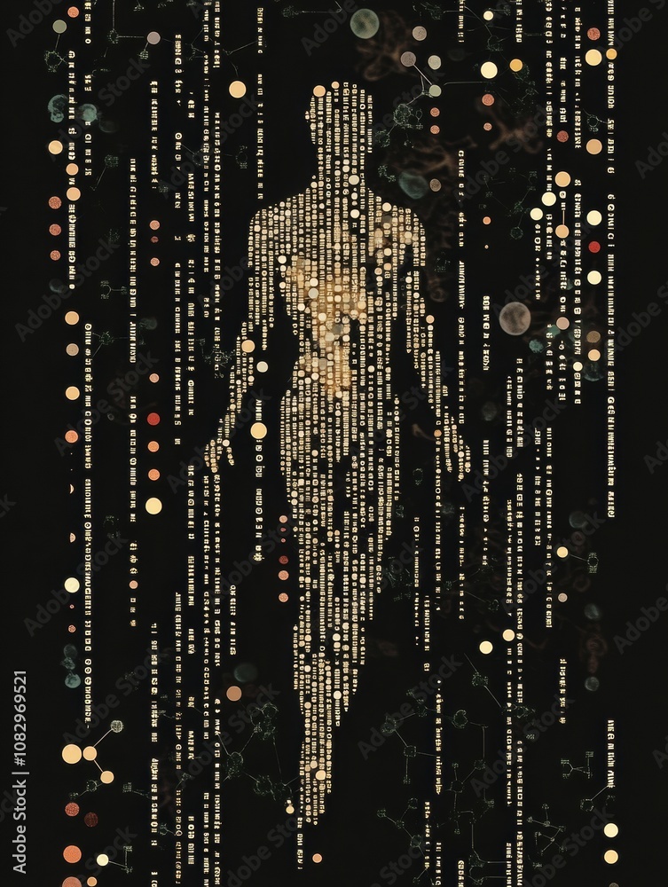 Poster a human silhouette is overlaid on intricate rows of dna symbols, highlighting the connection between