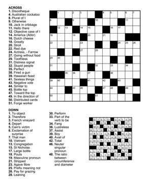 Crossword puzzle game with 12 x 12 squares with clues and solution.