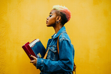 young african american student with dyed hair holding books, yellow backdrop