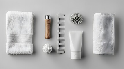 Naklejka premium Bath and Grooming Essentials Flatlay Featuring Towels, Comb, Brush, and Cream for Minimalist and Hygienic Concepts