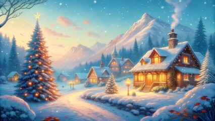 Christmas theme illustration village town street house in snowing winter landscape background wallpaper