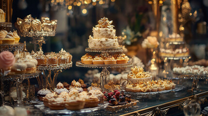 elegant wedding dessert table with gold decor and a two tier wedding cake