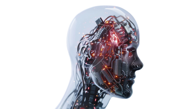 A man's head is made of wires and circuits