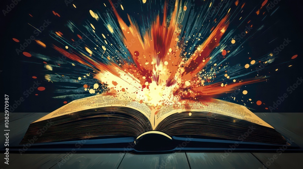 Poster A book with an open cover with glowing light and splashes of color emanating from its pages.