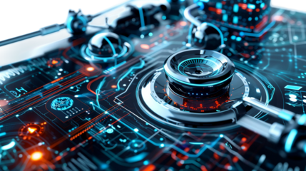 A computer chip with a blue and red design