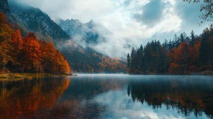 Obraz premium Autumn mountain landscape with lake and forest reflections