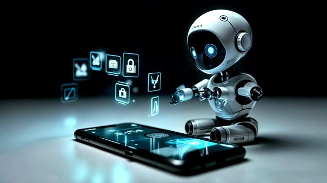  Robot Interacting with Smartphone and Holographic Icons, Artificial Intelligence and Mobile Technology Concept. Futuristic User Interface, Automation and Innovation. 4K Video.
