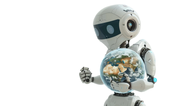AI Robot Holding a Globe Symbolizing Global Connectivity and Innovation