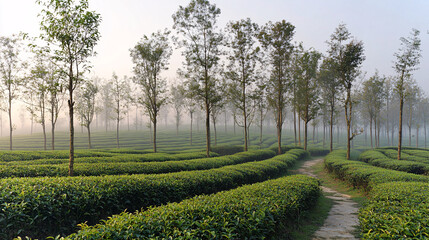 Obraz premium a serene morning mist in a green tea plantation with tall trees and a path through the fields