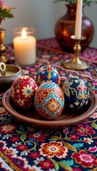 Fototapeta premium Ornate painted Easter eggs displayed on an embroidered textile with candles