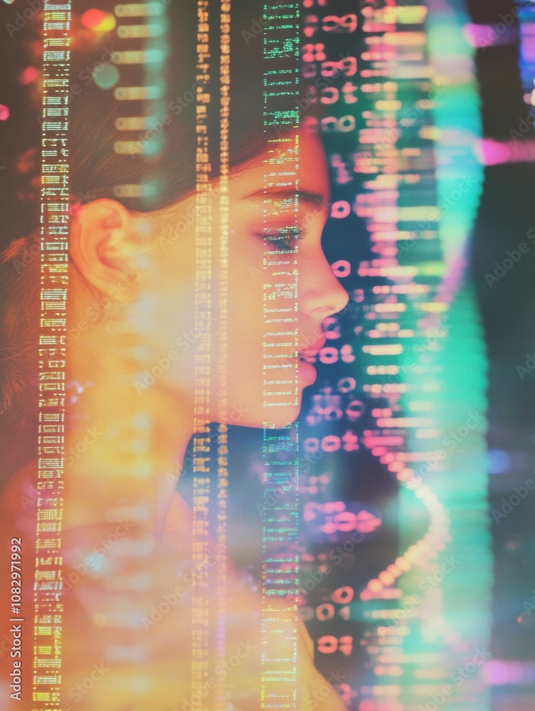 Poster a thoughtful individual is overlaid with vibrant genetic code, illustrating the connection between h
