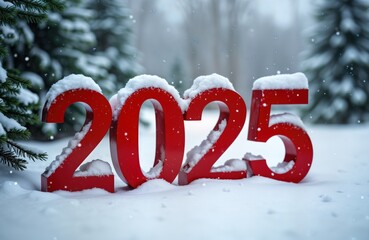 Large red numbers 2025 covered in snow stand in snowy forest landscape. Evergreen trees seen in background. Winter scene with snow falling. Photo for new year 2025, holiday season, winter wonderland,