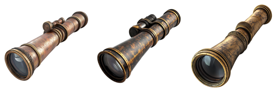 Antique monocular or spyglass isolated on transparent background, Set of