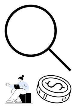 Magnifying glass, seated woman using a laptop, and a dollar coin. Ideal for business strategy, financial analysis, online learning, investment research, work-study balance, currency evaluation