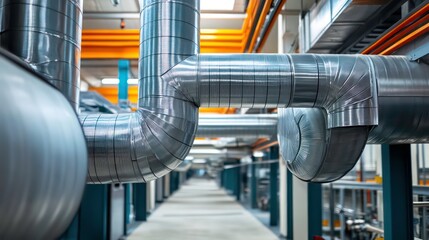 Fototapeta premium A row of silver industrial ventilation pipes running along the ceiling of a factory.