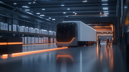 An autonomous electric truck navigates through a high-tech warehouse with neon lighting, showcasing the future of automated logistics and transportation