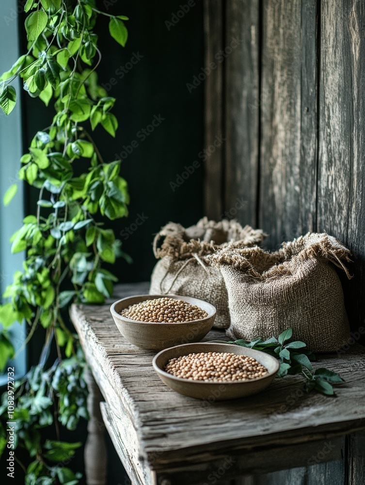 Aufkleber bowls and sacks filled with lentils, beans, and chickpeas sit on a rustic wooden table surrounded by