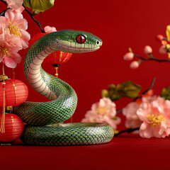 Fototapeta premium Green snake, red background, lanterns and flowers, Chinese New Year concept, banner design, high-resolution photography, high detail, high quality