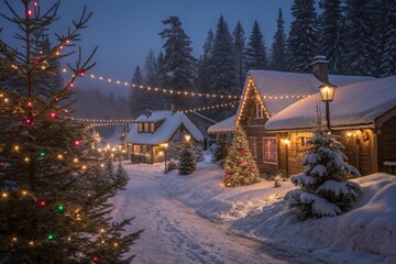Fototapeta premium Charming snowy village adorned with festive lights during a quiet winter evening