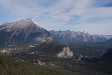 Fototapeta premium Photo of the Cascade Mountain, Bow Valley, Bow River, Lake Minnewanka, Tunnel Mountain, Mount Rundle and the town of Banff in Banff National Park in Alberta, Canada.