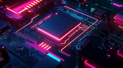 Fototapeta premium Upgrade or repair of gaming computer hardware in the dark with neon lights. Configuration or repair of desktop gaming computer hardware.