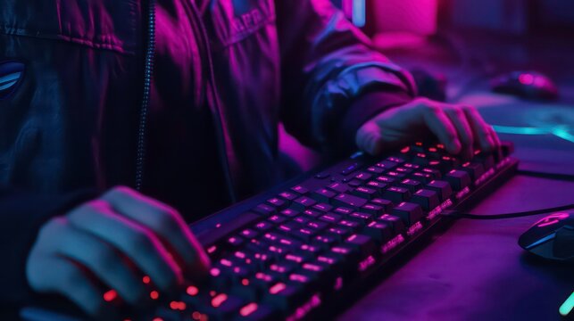Close up of hands typing on a keyboard with neon lights in the background.