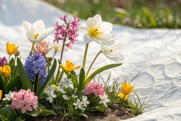 Obraz premium Colorful spring flowers in a garden on a white paper background with a subtle texture and natural light filtering through the petals, filter, floral, botanical, flower power