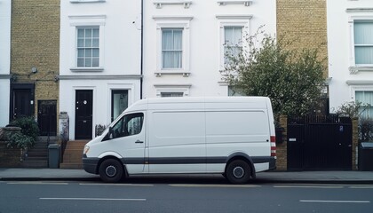Fototapeta premium A parked white van beside traditional townhouses on a quiet residential street.