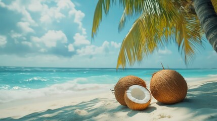 Two coconuts on a sandy beach under a palm tree with blue ocean and sky in the background.