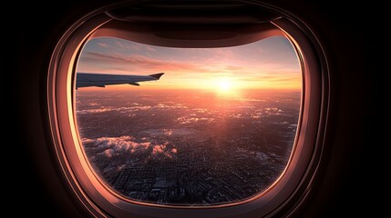 Fototapeta premium view from outside plane window with wing in view and sprawling city landscape below