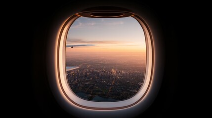 Naklejka premium view from outside plane window with wing in view and sprawling city landscape below