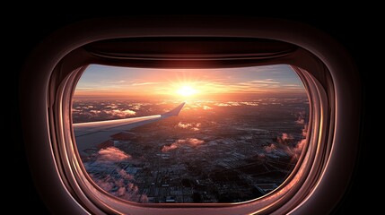 Naklejka premium view from outside plane window with wing in view and sprawling city landscape below