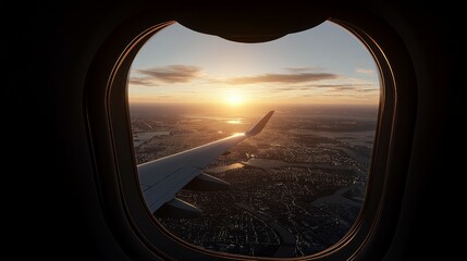 Fototapeta premium view from outside plane window with wing in view and sprawling city landscape below