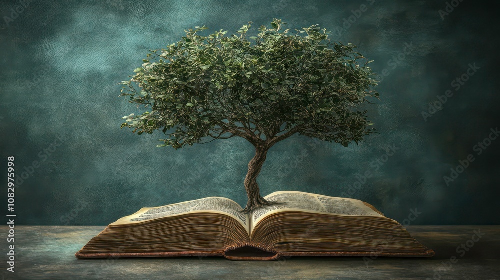 Aufkleber a small tree grows from an open book against a blue background.