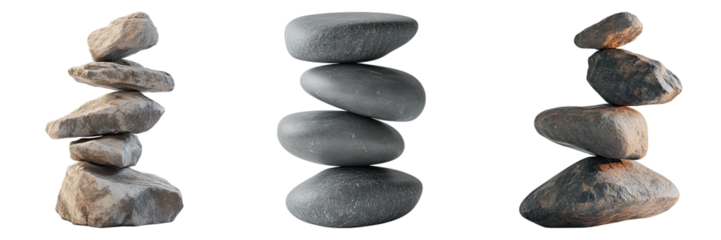 Balanced stones isolated on transparent background, Set of