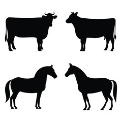 set of horse and cow silhouette vector object